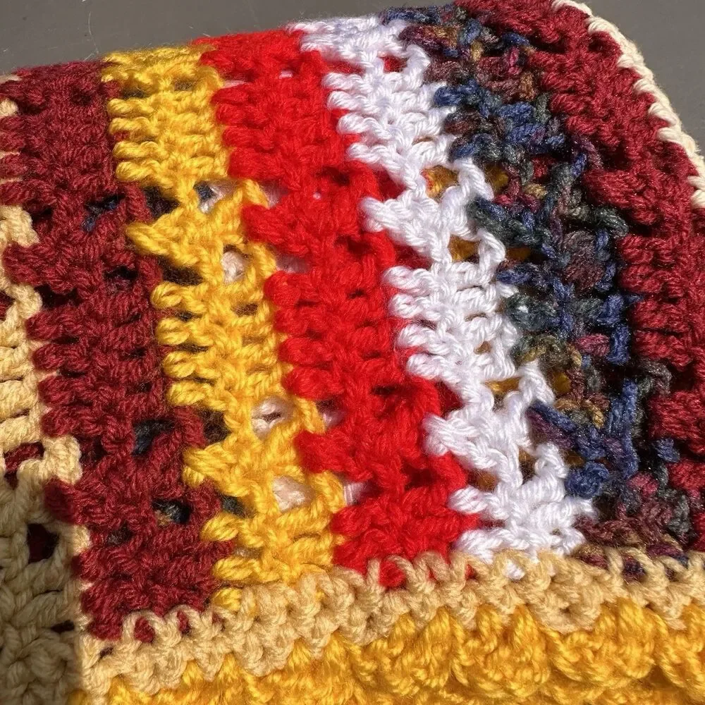 Handmade Crocheted Striped Multicolor Throw Blanket 43x43 in Grandmacore Cottage
